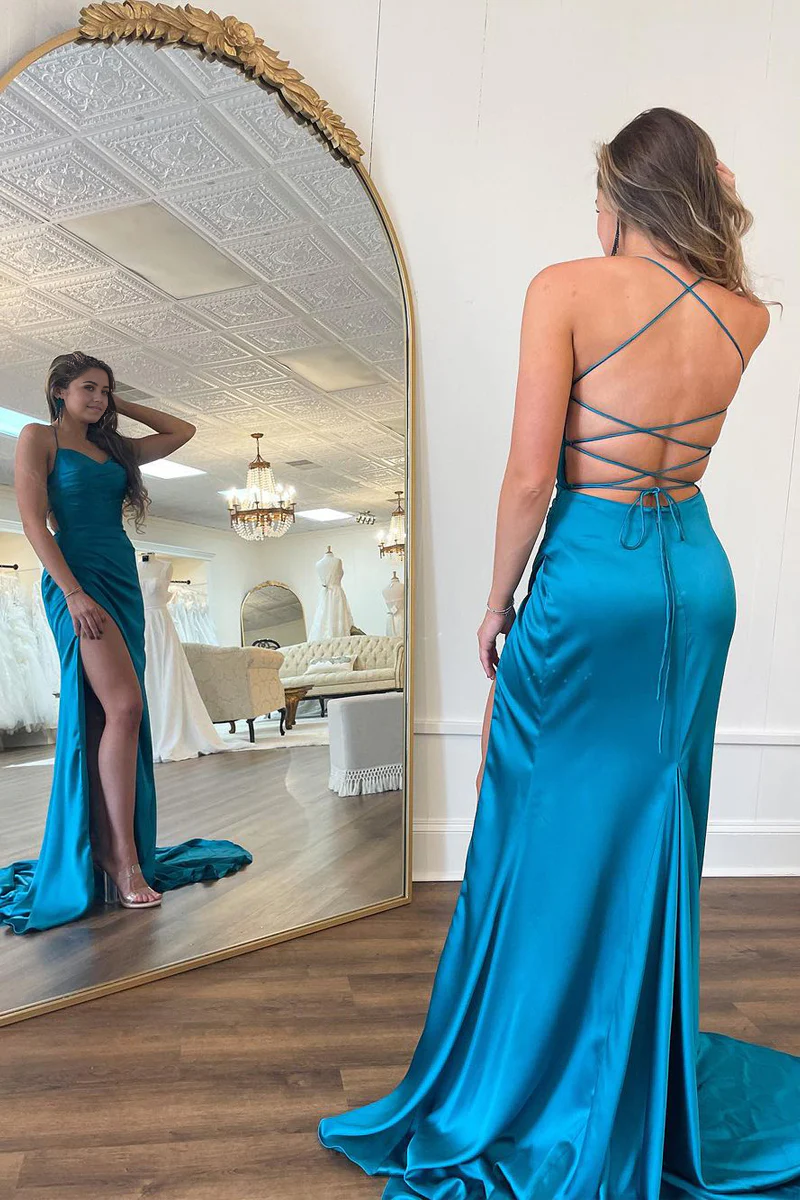Mermaid Sweetheart Cute Peacock Blue Silk Satin Long Prom Dress with Slit